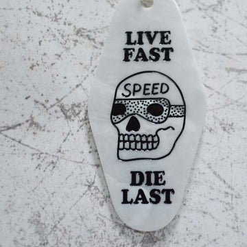 Live Fast, Die Last Motel Style Keychain Close Up
